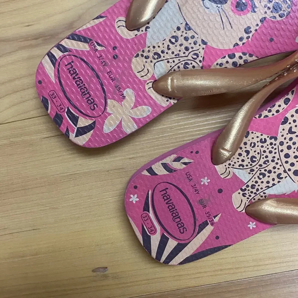 Havaianas Girl's Kids Sz 3/4Y Top Pets Cheetah Slippers Flip Flops Beach Pool
